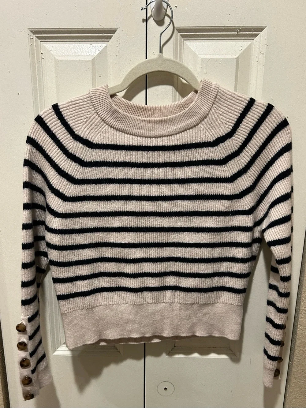 Sezane Sami Merino Wool Cotton Blend Striped Button Cuff Sweater  , Small